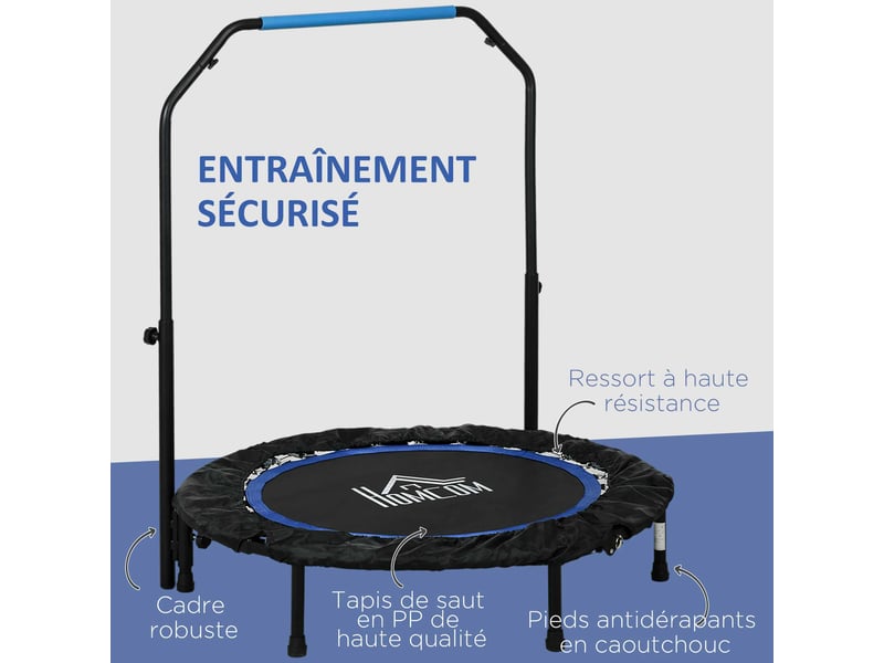  Trampoline de fitness gymnastique avec poignée réglable, pliable, 6 pieds, 28 ressorts ø 102 cm, noir bleu  - Conforama R