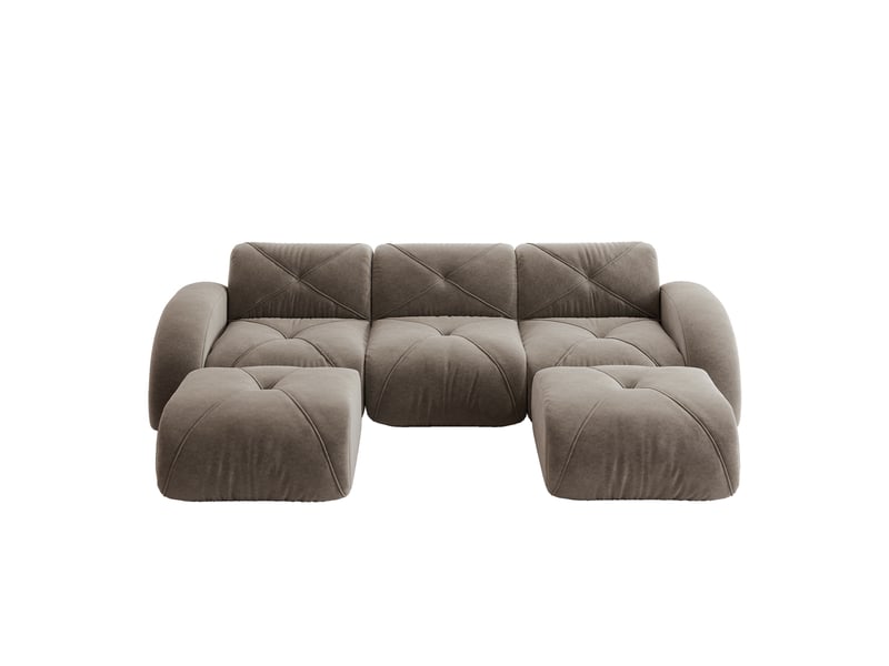  Canapé panoramique en u modulaire avec assises en mousse et 2 poufs, pour salon, en chenille taupe  - Conforama A