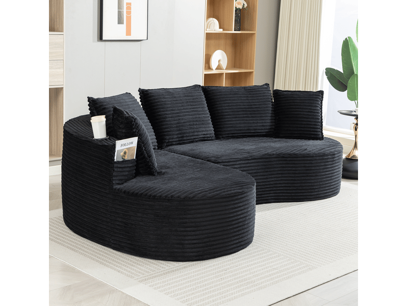  Canapé 3 places ulevr courbe noir en velours côtelé 250 x 152 x 82 cm avec porte-gobelets et poches latérales  - Conforama D