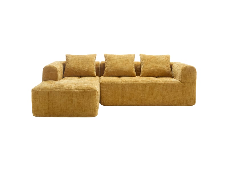  Canapé 3 places en chenille jaune avec méridienne, accoudoirs et 3 coussins, sans installation  - Conforama A