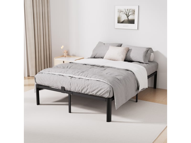  Lit 140x200 cm, lit double avec cadre de lit métallique et sommier à lattes, design minimaliste, grand espace de rangement sous le lit, structure robuste et silencieuse, charge maximale 500 kg, noir  - Conforama B