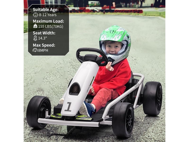  Kart électrique pour enfant 24 v, mode dérive, 2x300 w, siège réglable, mp3, 70 kg – blanc PTO_0YXZATD8 - Conforama E