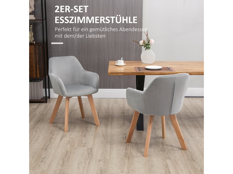  Chaises lot de 2 avec accoudoirs et dossier ergonomique  - pieds en bois, polyester gris 54 × 57 × 80 cm  - Conforama E