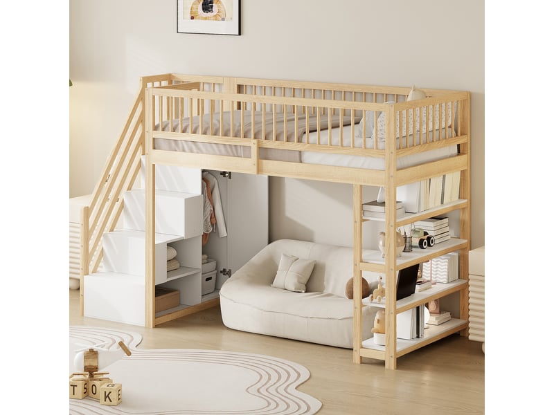  Lit mezzanine enfant 90x200 cm lit surélevé avec escalier à rangements,armoire,étagères,garde-corps,pin massif et mdf,naturel  - Conforama B