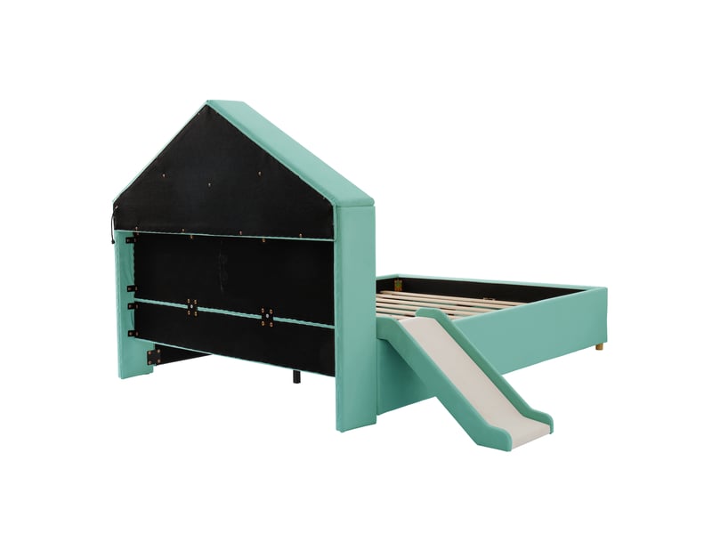  Lit cabane enfant 140×200 cm rembourré, toboggan, led, rangement, bleu canard  - Conforama D