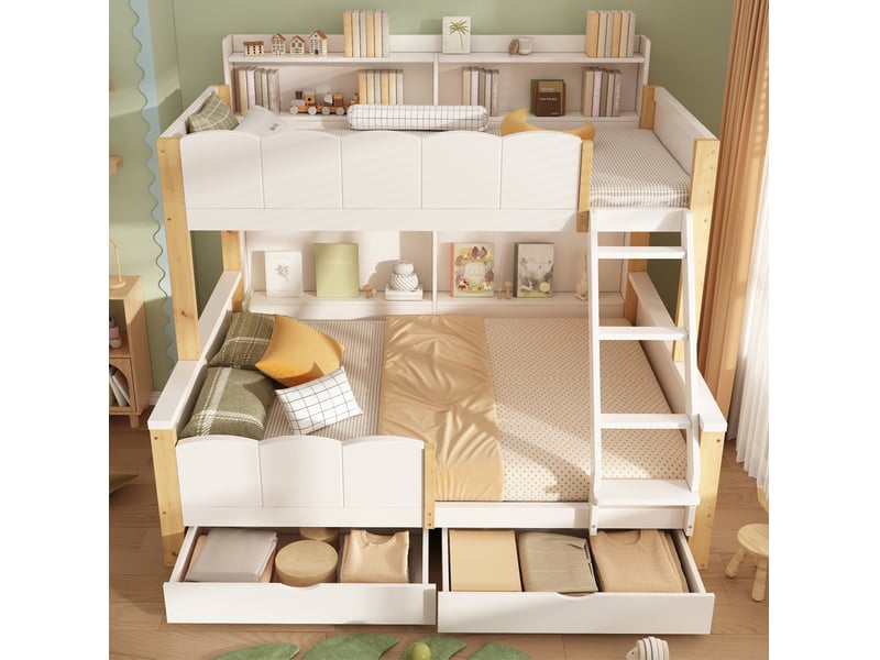  Lit superposé enfant 90x200 cm et 140x200 cm avec 2 tiroirs et étagères, bois et mdf, blanc et aspect chêne, sans matelas  - Conforama B