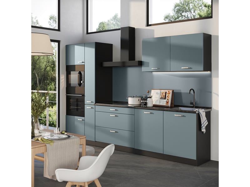  Vicco cuisine, bleu-grisanthracite, 310cm plan de travail chêne doré  - Conforama C