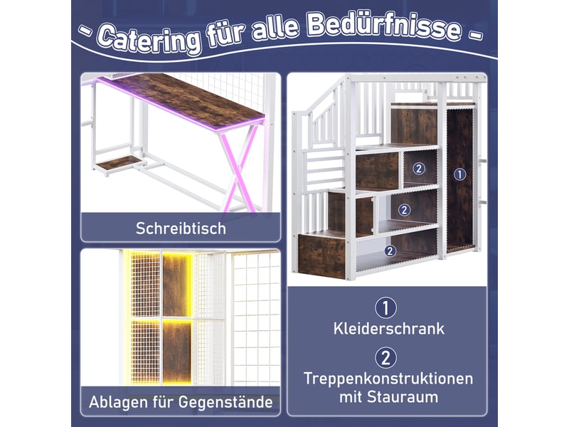  Lit superposé 140*200cm avec led, échelle de rangement, bureau, armoire, étagères, sans matelas, blanc  - Conforama E
