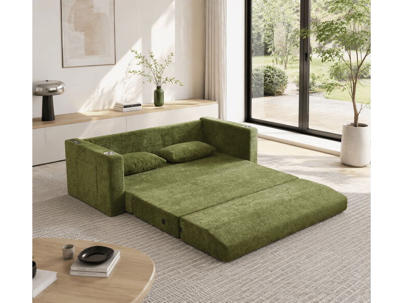  Canapé-lit 2 places convertible, tissu chenille, usb, porte-gobelets, 2 coussins, gris  - Conforama D