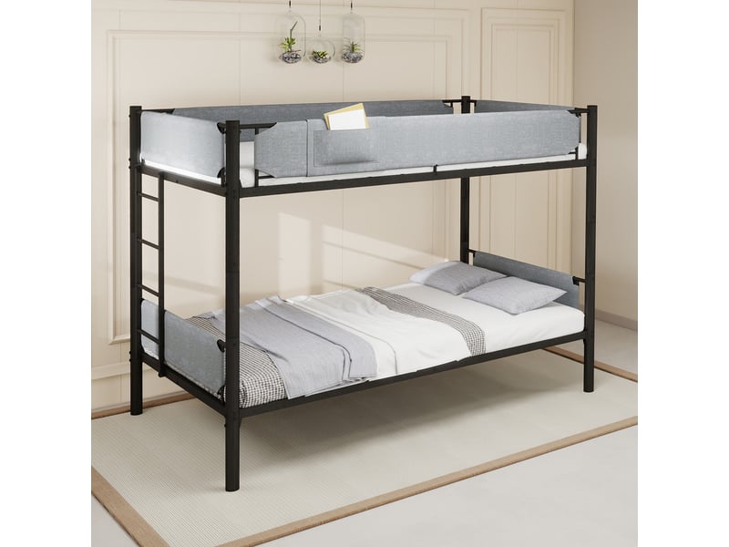  Lit superposé séparable en 2 lits 90x190 cm, barrières amovibles en lin, métal noir, sans matelas  - Conforama B
