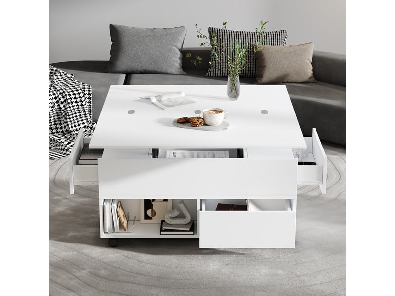 Table basse relevable 100x50 cm avec 4 tiroirs et roulettes blanc mat - Conforama W