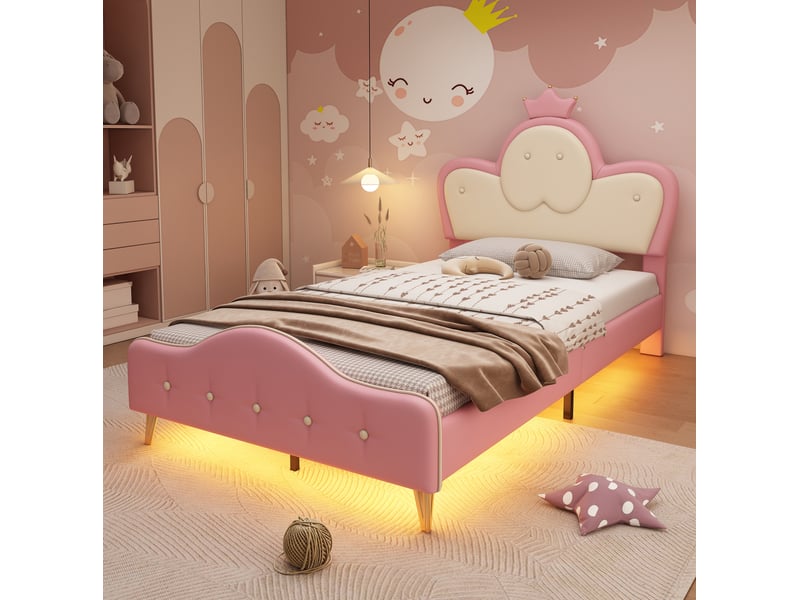  Modenvie lit enfant capitonné 90x200 cm - avec led, tête de lit couronne - pour chambre d'enfant - rose  - Conforama D