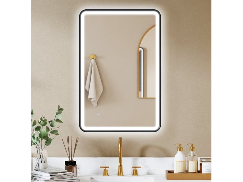  Miroir de salle de bain led 90 x 60 cm noir, verre trempé, éclairage réglable et fonction antibuée  - Conforama B