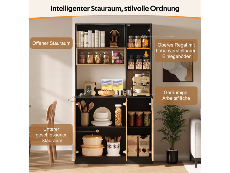  Buffet haut de cuisine 100 x 40 x 180 cm bois et noir, led rgb par application, 2 prises, usb et étagères réglables pour cuisine et salle à manger  - Conforama E