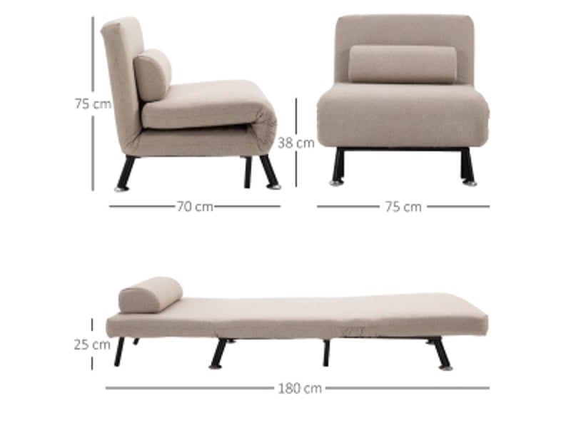  Fauteuil convertible en lit beige effet lin, dossier réglable, assise mousse, couchage une place pour salon et chambre d'amis  - Conforama C