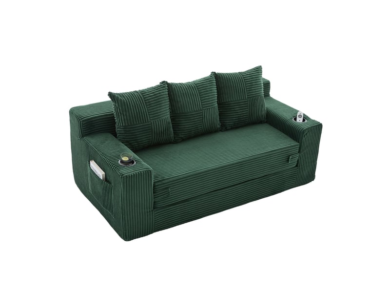 Canapé convertible 3 places 172 x 87 cm – vert émeraude – porte-gobelets, poches et assise extensible - Conforama D