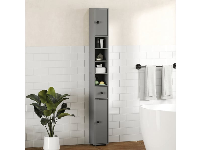  Meuble de salle de bain, 4 étagères, tiroir, panneaux de particules, design fin, gris  - Conforama D