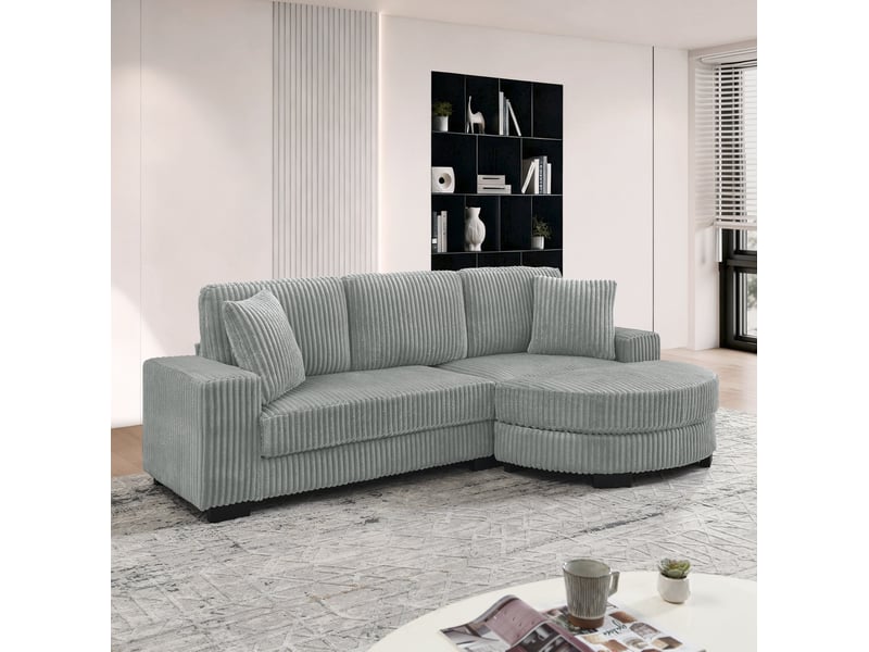  Canapé droit 4 pl 256,5x133,5x89 cm, 2 coussins, avec pouf ovale réversible, canapé salon moderne, finition velours côtelé gris  - Conforama E