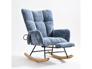 Chaise à bascule ergonomique en tissu chenille bleu avec repose‑pieds rétractable, poche de rangement, structure métal et bois massif, charge 120 kg