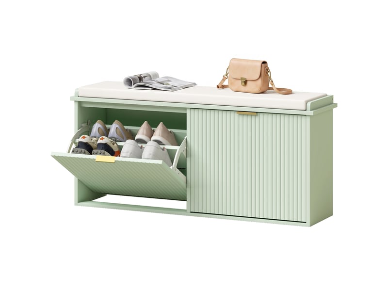  Banc à chaussures avec coussin d'assise rembourré et tiroir rabattable pour couloir, chambre, 104 x 26 x 47,5 cm, vert  - Conforama B