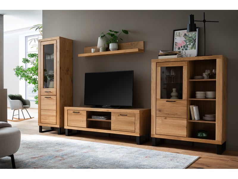  Ensemble meuble de salon de 4 pièces meuble tv, 2 vitrines et 1 étagère murale coloris chêne massif huilé  - Conforama B