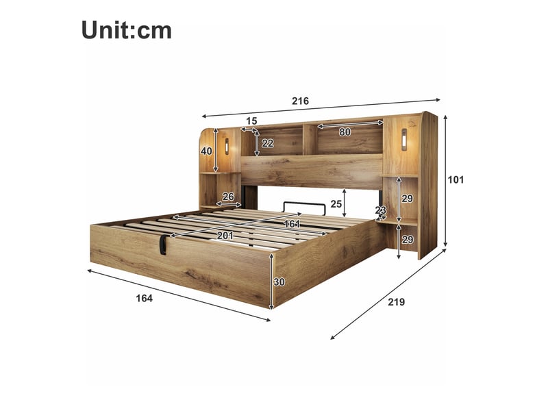  Lit coffre 160x200 cm, rangement hydraulique, 2 tables de chevet, liseuse, éclairage led, usb et usb-c pour chambre - chêne  - Conforama C