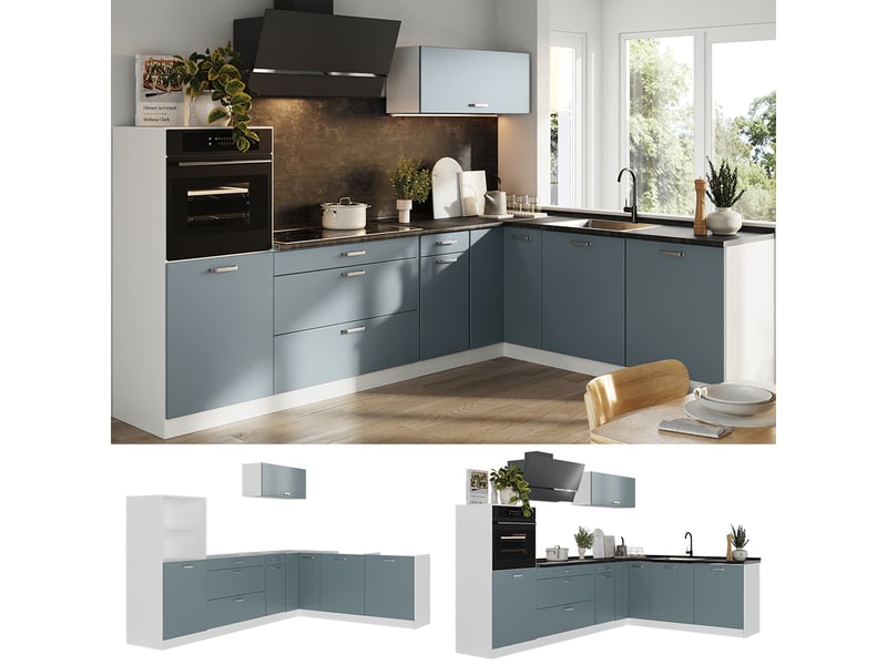 Vicco cuisine en angle, bleu-grisblanc, 287 x cm sans plan de travail - Conforama D