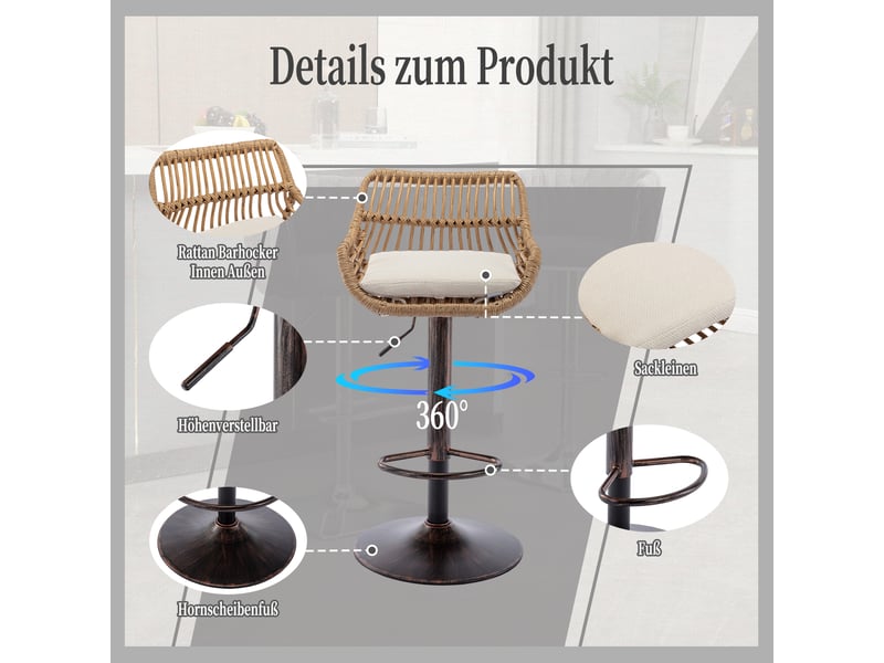  Lot de 2 tabourets de bar réglables et pivotants en lin beige W3056P262426 - Conforama D