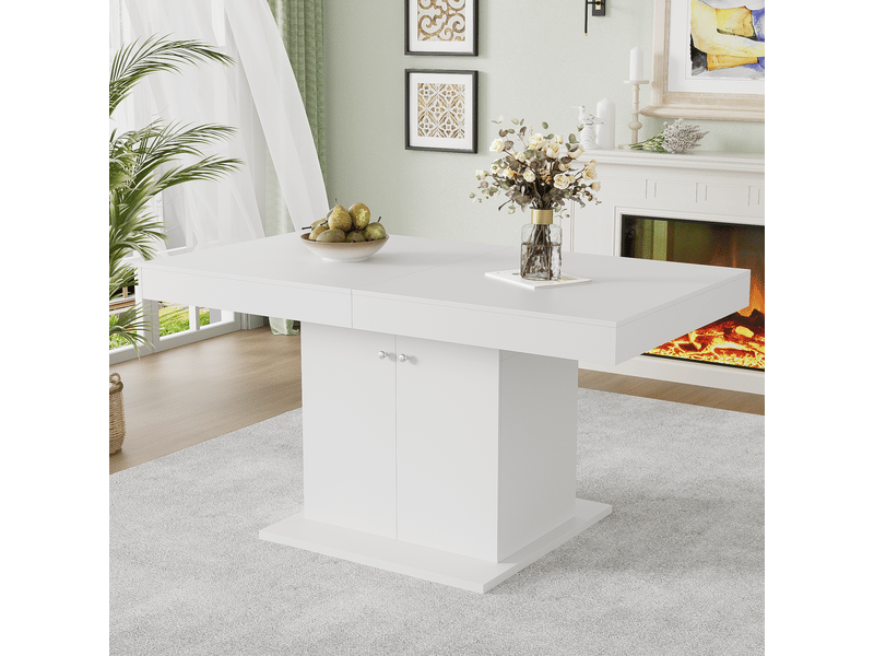Table à manger extensible avec rangement sous le plateau, de 140 à 180 cm, en panneaux de particules blancs - Conforama C