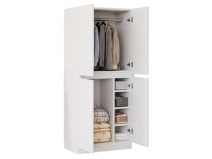 Armoire penderie blanche 2 portes avec compartiments de rangement, 70x40x170 cm, style minimaliste