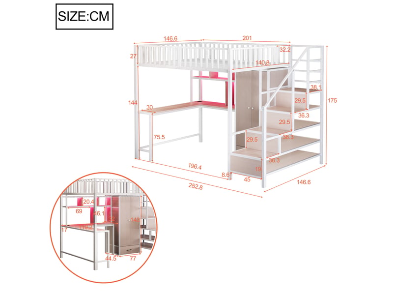 Lit mezzanine enfant 140x200 cm – blanc – bureau, armoire, rangements, led, usb et type-c intégrés - Conforama C