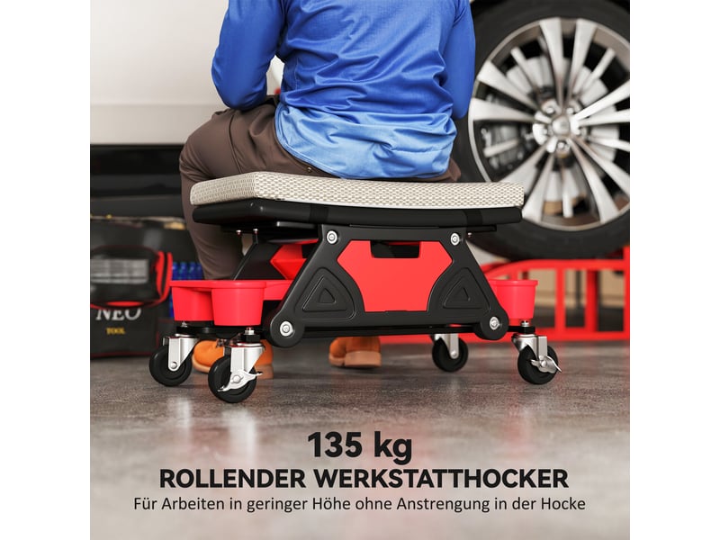  Tabouret d'atelier gris avec roulettes et surface de rangement d'une hauteur de 35 cm supportant jusqu'à 135 kg  - Conforama E