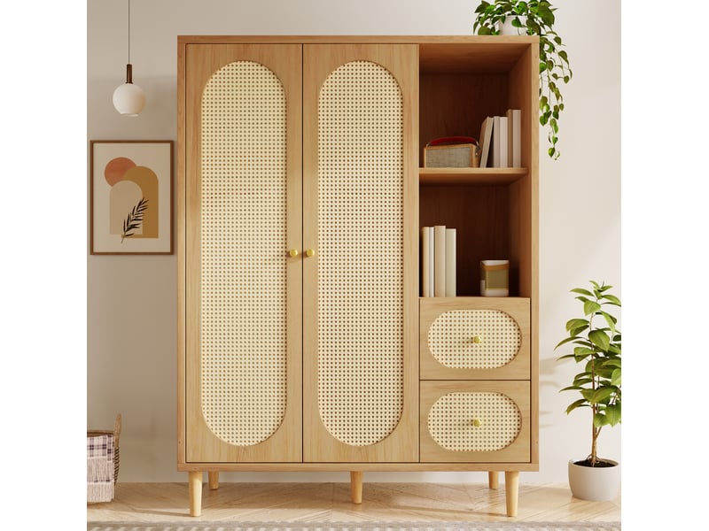  Armoire 2 portes 2 tiroirs avec étagères ouvertes et barre de penderie pour chambre et entrée en bois chêne  - Conforama C