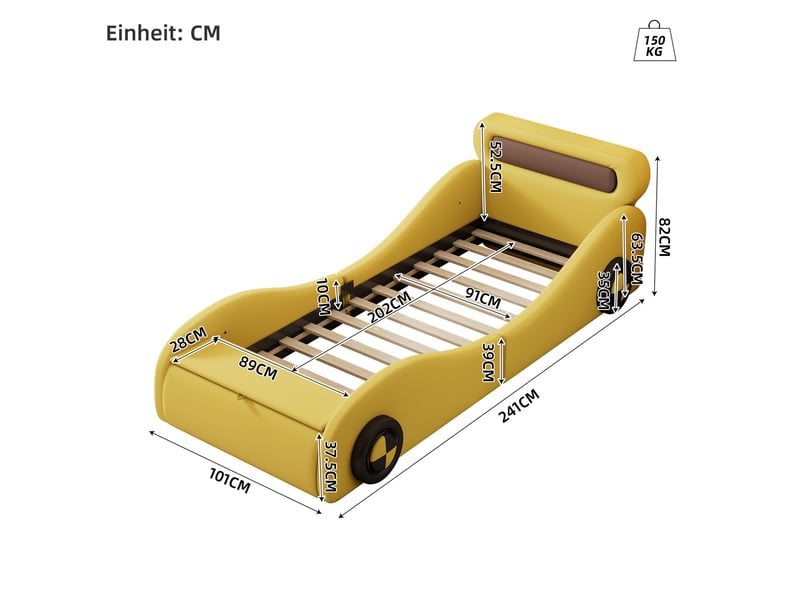  Lit enfant 90x200 cm roues lumineuses et rangement en pu jaune  - Conforama E