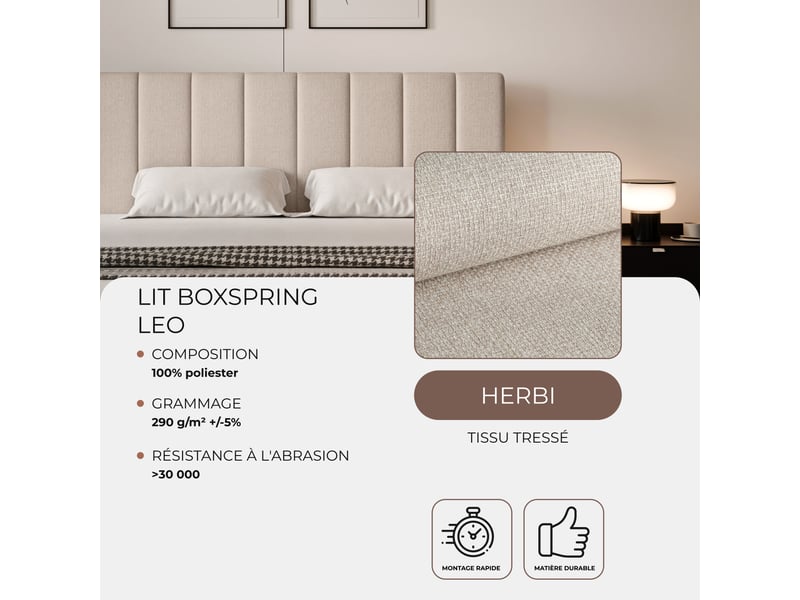  Lit coffre leo - 160x200 cm - avec matelas et surmatelas - tissu tissé chiné - beige clair LEO - Conforama C