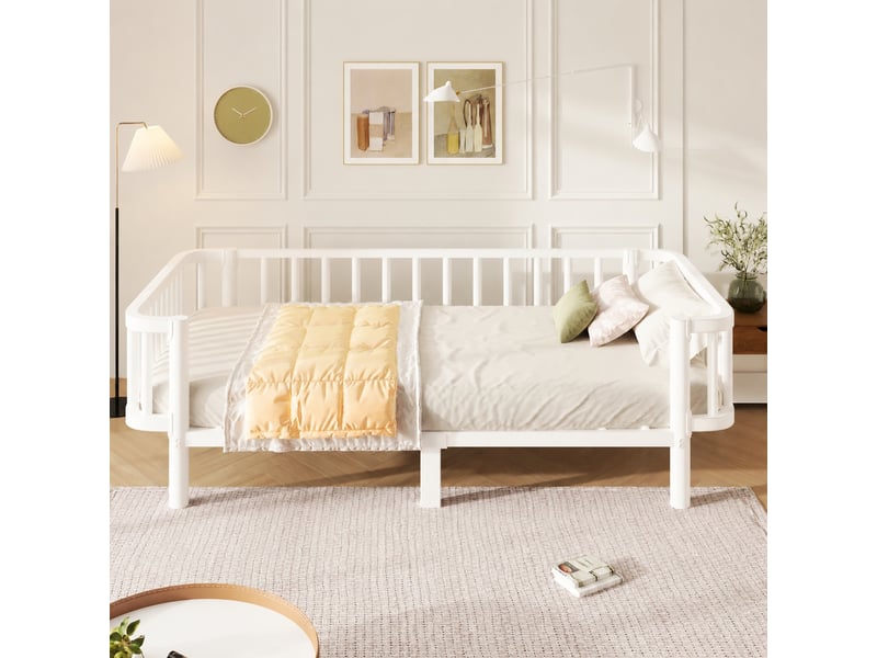  Lit banquette métal 90 x 200 cm, cadre acier et lattes renforcées, blanc  - Conforama D