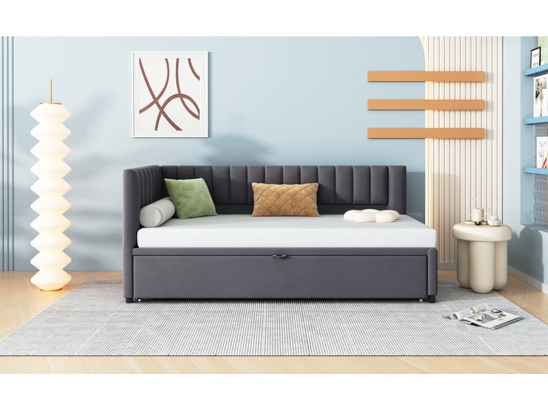 Canapé-lit gigogne d'angle multifonction 90 x 200 cm en velours gris, couchage 180 x 200 cm - Conforama R