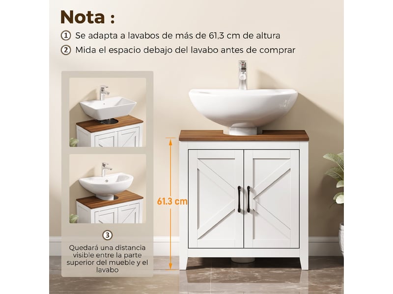  Meuble sous lavabo blanc, style rustique, découpe en u et 2 portes, 60 x 30 x 61,3 cm  - Conforama W