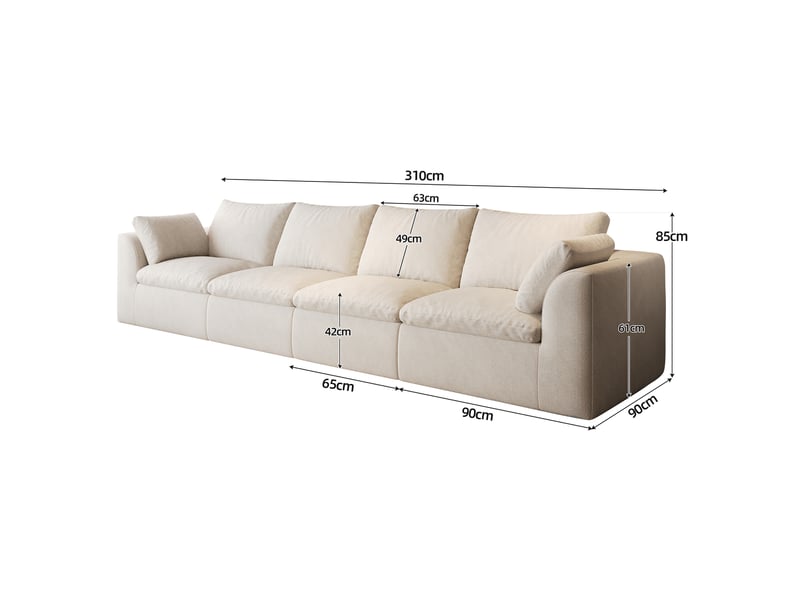  Canapé nuage 4 places 310x90 cm en tissu lin blanc beige, mousse haute élasticité compressée, assise profonde, sans montage, format compact  - Conforama D