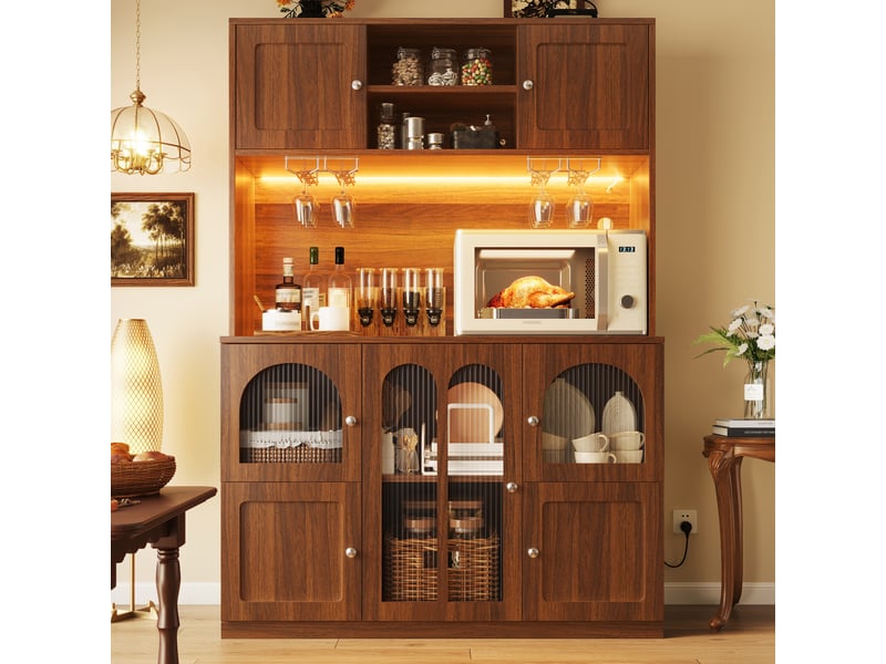  Buffet haut de cuisine 120 x 40 x 180 cm brun avec vitrine, led multicolore app, plan de travail, porte-verres et étagères réglables pour la cuisine  - Conforama B