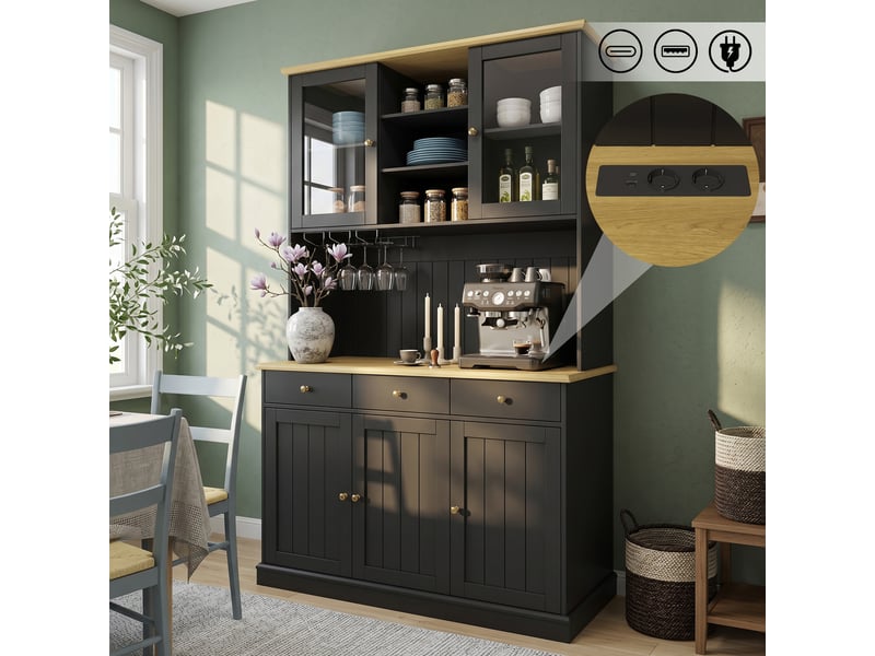  Vaisselier 120 x 40 x 191 cm, portes vitrées, porte-verres, rangements, prise, usb-a et usb-c, poignées noirs et dorées evarich - Conforama B