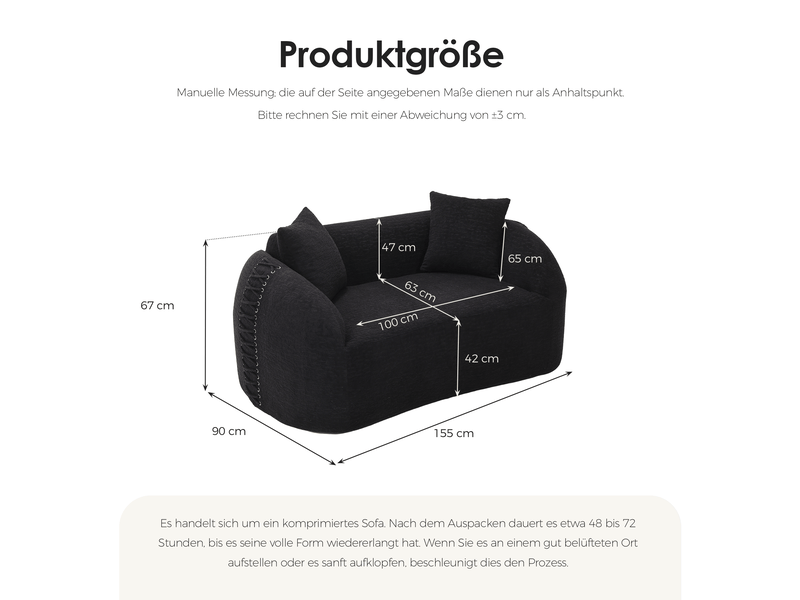  Canapé compressé 2 places 155x90x67 cm sans montage, sans structure, accoudoirs avec lacets, 2 coussins, mousse, tissu chenille noir  - Conforama D