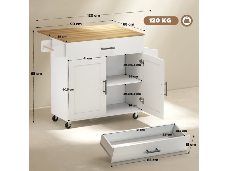  Ile de cuisine tissus sur roulettes, avec plateau de travail rétractable, tiroir, rangements, 120 x 68 x 85 cm, blanc  - Conforama C