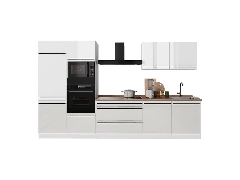 Vicco cuisine, blanc haute brillanceblanc, 340cm plan de travail chêne doré - Conforama E