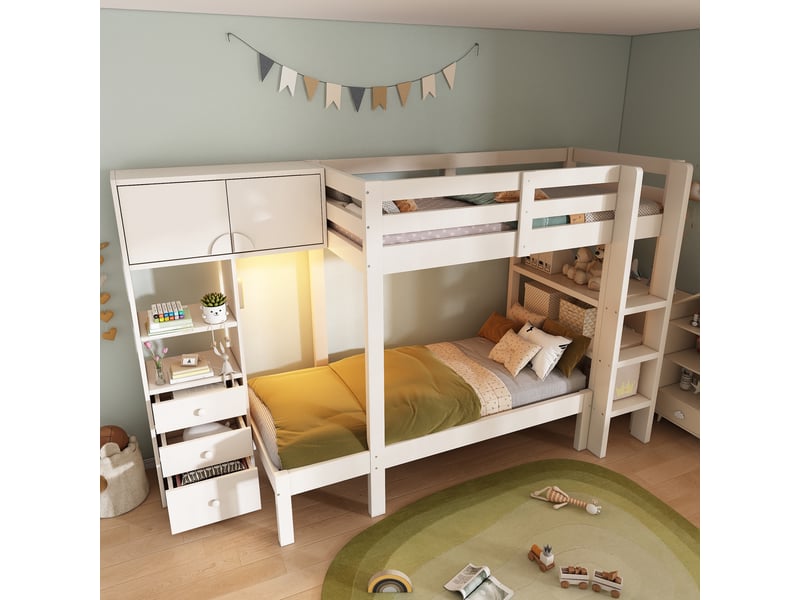  Lit superposé 90x200 cm avec armoire et tiroirs, veilleuse led, lit superposé avec rangements, bois massif blanc  - Conforama B