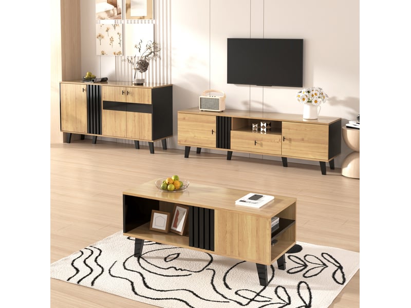  Ensemble de meubles de salon 3 pièces 170x40x50,5 cm avec led panneau de particules noir et bois  - Conforama C
