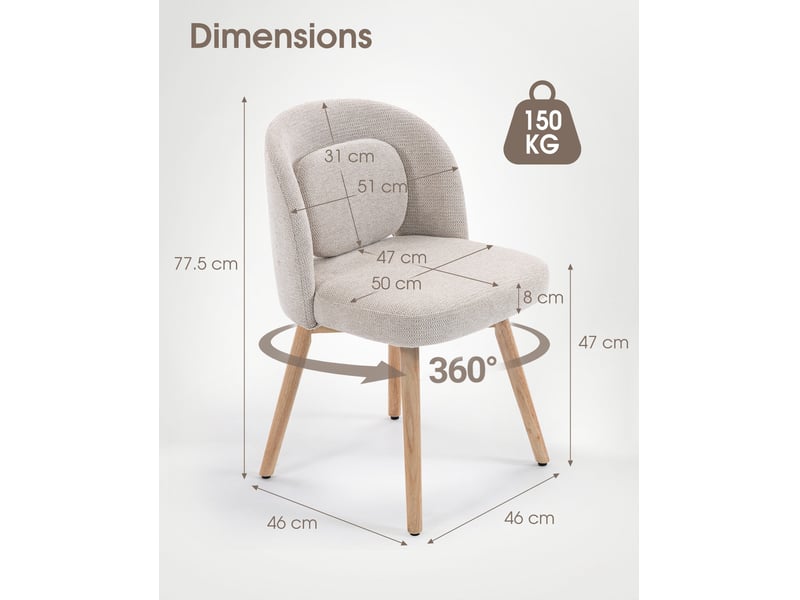  Lot de 2 chaises de salle à manger pivotantes 360° 50.5x47x77.5 cm beige  - Conforama C