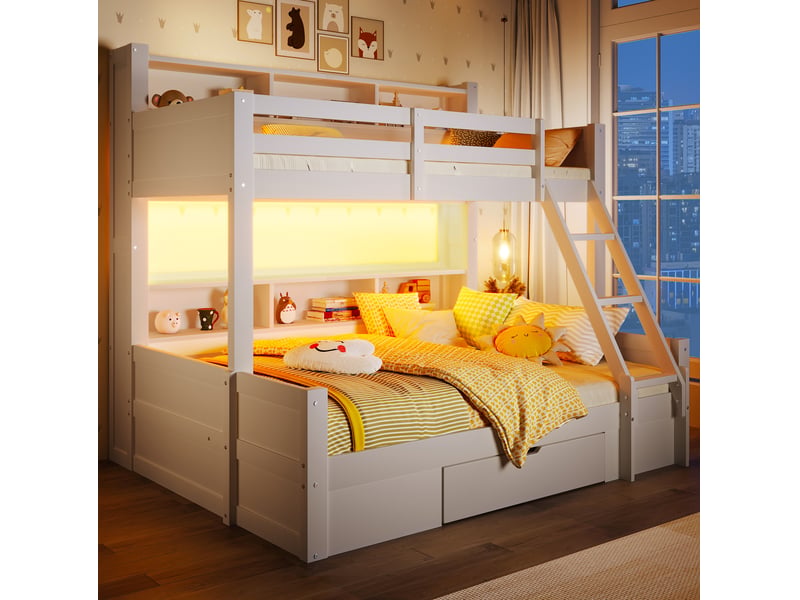 Lit superposé 90x200 et 140x200 cm avec rangements et led, blanc - Conforama D