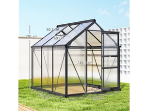 Serre aluminium 3,65 m², 190x192x201 cm, fondation, fenêtre toit, porte coulissante, panneaux uv 4 mm, tomatesplantes, extérieur.