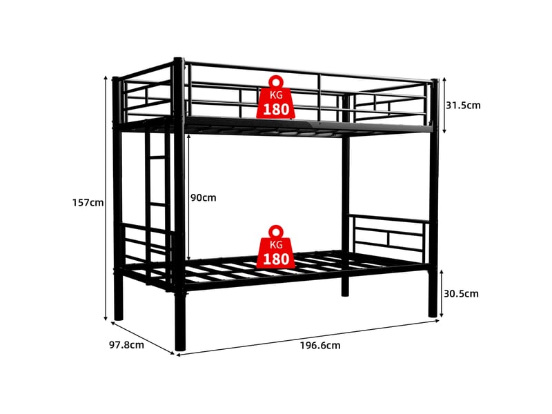  Lit superposé 90x190 cm - lit enfant convertible avec échelle et garde-corps - sans matelas - noir  - Conforama E